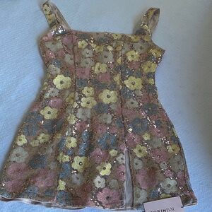 SHEIN Sequin Floral Dress with Pink and Gold Accents